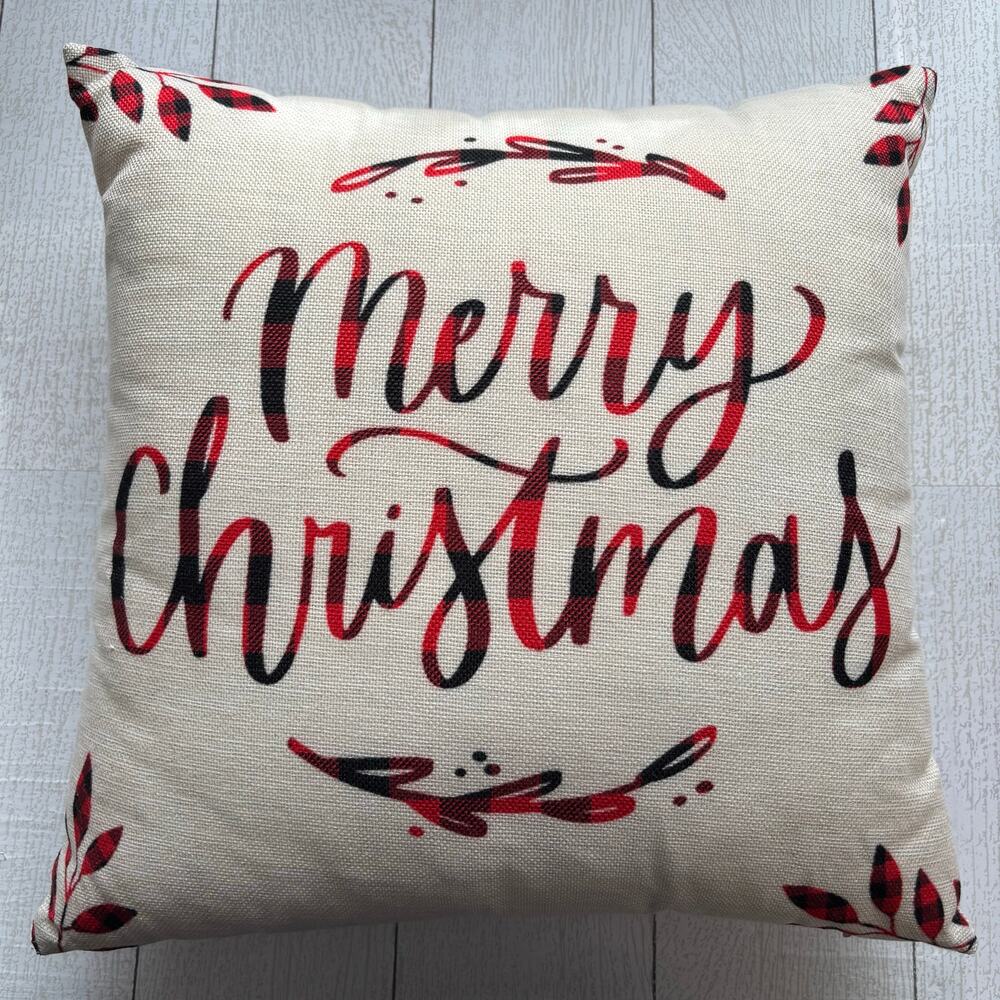 Merry Christmas Red Black Plaid Script Throw Pillow
